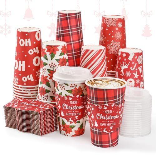 Juego de 72 tazas de café desechables de Navidad con tapas y mangas, copos de nieve, renos, vasos de papel para llevar, para invierno, vacaciones, Navidad, fiesta, cafetería, bar, decoración,