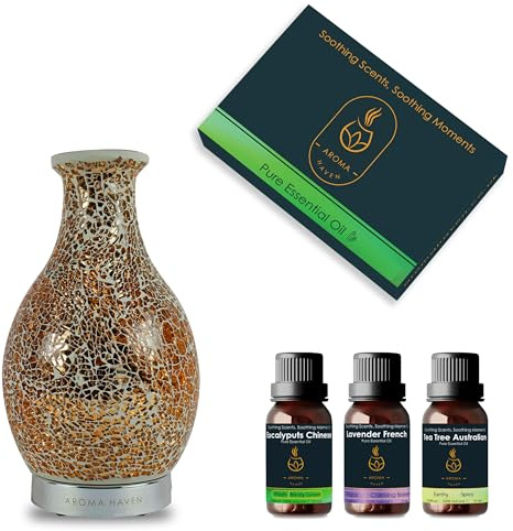 Therapeutic Essential Oil Diffuser Cool Mist Humidifier LED 120ml Mosaic Glass Ultrasonic Scented Oil Mist Diffuser for Aromatherapy in Spa, Office, Water-less Auto Shutoff (Round Rose Gold + Oils)
