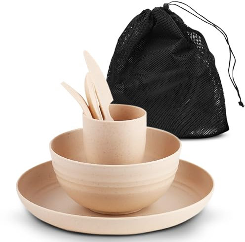 AdvntrPro 5pc Camping Cutlery Set for 1 with Travel Bag - Camping Plates and Bowls Set for 1 with Picnic Plates and Bowls, Reusable Cutlery, Cup and Travel Bag for Outdoor Dining (Beige)