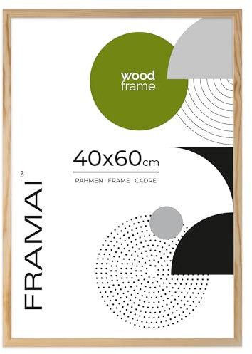 FRAMAI Bilderrahmen 40x60 cm, Natürlich, Natur Holz Rahmen, Rahmen Echtholz Bilderrahmen, Rahmen mit Bruchsicheren Plexiglas, Aufhänger und Aufsteller