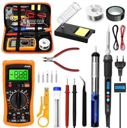 Saldatore a Stagno Kit, 60W Saldatore Stagno di Precisione Professionale con Temperatura Regolabile 180~500 ℃, con 5 Punte Saldatore Stagno, Stagno per Saldare, per Riparazioni Fai da Te