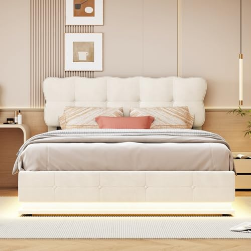 PerGar Polsterbett 140x200 cm mit stauraum, LED Beleuchtung, Hydraulisch stauraumbett, Bettgestell mit Lattenrost, Doppelbett mit Kopfteil, Samt, Beige, Ohne Matratze, Modern