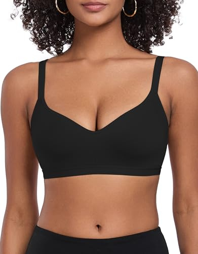 ANGOOL Damen BH Ohne Bügel Mittlerer Halt Sport BH Rückenverschluss Verstellbar Träger Klassische Schlaf Bra Gepolstert V-Ausschnitt Seamless, Schwarz, XL