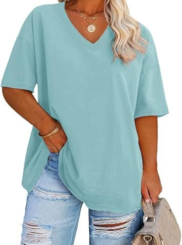 Fisoew Damen Große Größen T-Shirt Halbarm Shirt mit V-Ausschnitt Sommer Lose Basic Oberteil Oversize Kurzarm Baumwolle Tee Tops(Hellblau, XXL)