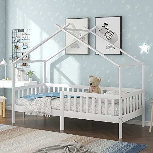 MSMOK Schönes Hausbett, Kinderbett Massivholz mit Zaun und Lattenrost, Kinder- und Jugendzimmer mit Absturzsicherung, weiß (90x200cm)