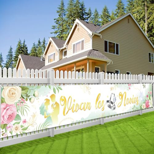 DPKOW Boda Decoración Vivan los Novios Pancarta, Oro Verde Boda Pancarta para Casa Jardín Letrero de Bienvenida Exterior Interior Boda, Elegante, 270 * 40 cm