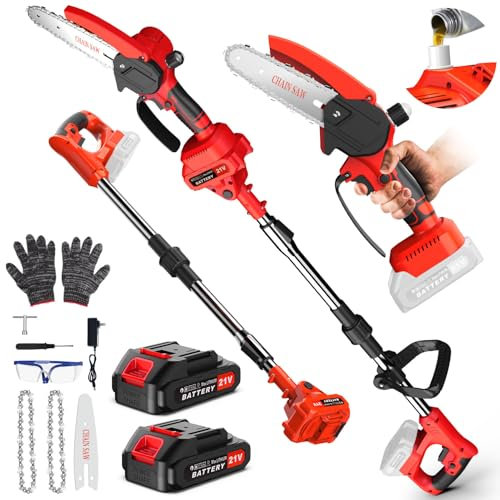 Lmozim 2-en-1 8 Pouces Elagueuse sur Perche Telescopique sans Fil Mini Tronconneuse Electrique a Batterie 4000mah avec Tête Inclinable pour Tailler des Branches Hautes pour le Jardin,la Cour - Rouge