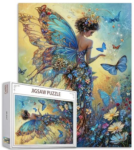 Schöne Pixie-Feen-Puzzles für Erwachsene, 1000 Teile, blauer Schmetterlings-Elfen-Kunst-Puzzle, 50,8 x 68,9 cm, buntes DIY-Puzzles für Heimdekoration, Familienpuzzle, perfekt für Spieleabende