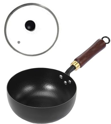 ZFFSCD Manuelles Schmieden Pfanne, Chinesischer Wokpfanne, Topf mit Holzgriff, Antihaft-Pfanne, Keine Beschichtung(Size:20cm,Color:+Glass Deckel)