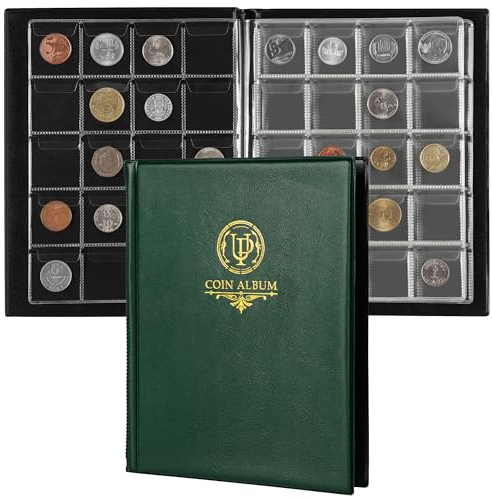 CS48200GR - Álbum de monedas con 200 bolsillos, libro para coleccionar monedas con 10 páginas, soporte de rejilla de 33 x 33 mm, para libras, peniques, centavos, dólares, níquel (verde)