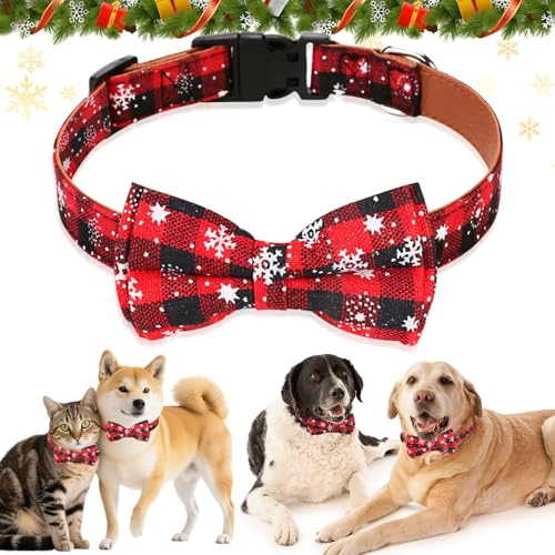 Weihnachten Halsband Hund Katze, Weihnachtskariertes Hundehalsband, Abnehmbarer Hundehalsband, Weich & Komfort, Verstellbar Hunde Halsband mit Fliege für Klein Mittlere Groß Hunde Katzen Welpen (L)