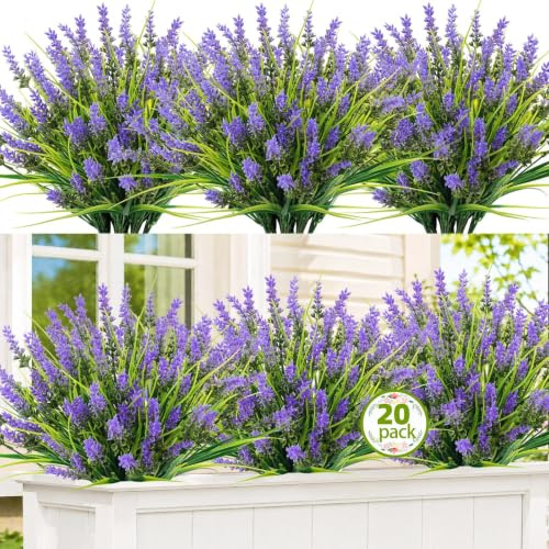 20 Bundles Artificial Plants Outdoor Fake Monkey Grass Shrubs with Flowers | UV Resistant Faux Lavender flowers Plastic Plants for Garden Window Patio Hanging Planter Home Summer Decor,Purple