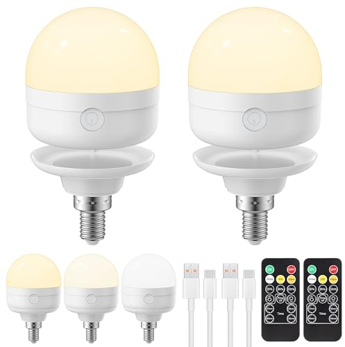LGMCF E14 Rechargeable Light Bulb, 8W, 3 Colors, Timer, Dimmable, 2 Pack | Remote Control, Magnetic Base, Battery Powered, Portable, LED Light Bulb, Detachable Charger for Non-Hardwired Lamps