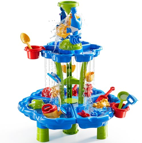DULONIME 5-Tier Sand and Water Table Toys for Kids Aged 3 4 5 6 7 8 | Waterfall Sensory Play Table with Beach Toys Accessories, Outdoor Activity Playset for Toddlers 2-4 3-5 4-6, Birthday Gifts