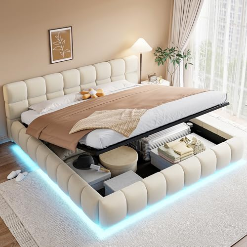 WIZBED Polsterbett Bubble Bett 180x200 mit LED Kopfteil, Doppelbett mit Bettkasten, Jugendbett Flachbett Gästebett mit Lattenrost und Kopfteil, Samtstoff, Ohne Matratze,Beige