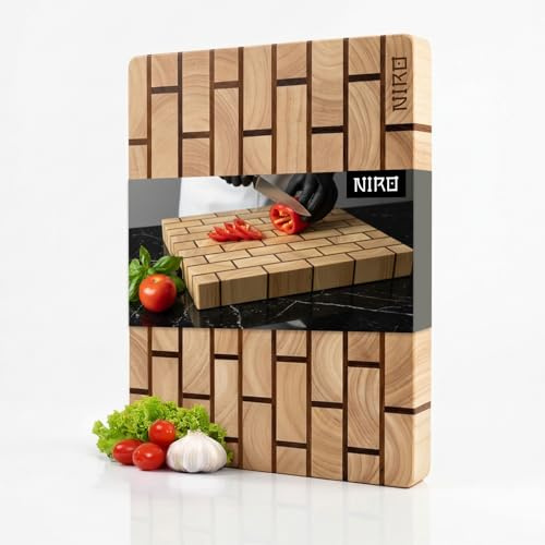 NIRO Tagliere Brickwall, Tagliere da Cucina Professionale XXL, Legno 100% Pará Naturale Rubberwood, SPESSORE 4 CM, Dimensioni 40 x 30 x 4 cm, Atossico, Legno Massello Pregiato, Vassoio da Portata