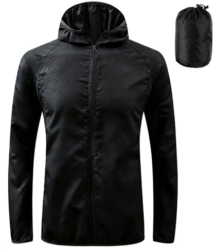 ADUDVLO Men's Lightweight Waterproof Jacket with Pockets, Packable Hooded Windproof Rain Jacket for Travel, Running & Hiking – Includes Carry Pouch (UK, Alpha, M, Regular, Regular, Black)