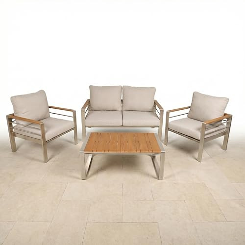 Schauer Lounge-Set Florence 4-TLG. | Gartenmöbel Set Aluminium & Nonwood | 2-Sitzer Sofa + 2 Sessel + Loungetisch | Balkonmöbel & Gartenmöbel | Champagner/Beige
