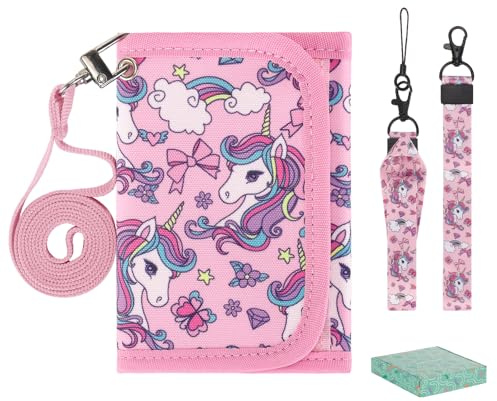 Choco Mocha Brustbeutel für Kinder, Geldbeutel für Mädchen mit Münzfach - Kinder Portemonnaie, Sichtfach, 3 Ersatz-Lanyard & 1 Geschenkbox, Regenbogen Einhorn