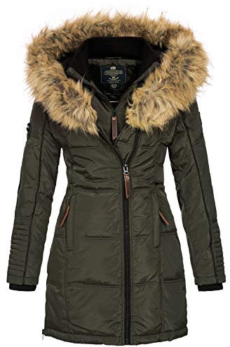 Geographical Norway Beautiful Lady - Warm Mid Thick Parka Frauen Herbst Winter - Fin Mantel Kapuze Pelz - Jacke Windschnitt Daunenjacke Long - Elegant Fraus (khaki L-Größe 3)