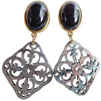 Opulent: Sehr große leichte Ohr-Clips vergoldet Stein schwarz Anhänger grau Statement elegant klassisch Fashion Glamour Party Fest Designer JUSTWIN