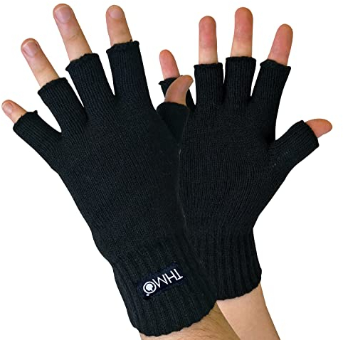 THMO - Herren Winter Strick Fingerlose Handschuhe mit 3M 40g Thinsulate Insulation Gefüttert (L/XL, Black)