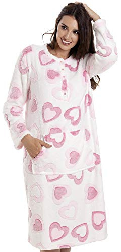 Camille Women's Super Soft Fleece Lounger- Pink and White Heart Button Bathrobe - Long Sleeved and Centre Front Pocket