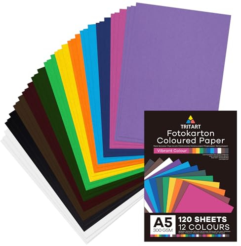 Tritart Fotokarton A5 bunt 300g/m² - 120 Blatt buntes Papier - Karteikarten A5 - Pappe zum Basteln - Bastelpapier Set - Fest und Stabil - Tonpapier Bastelkarton - Farbiges Papier