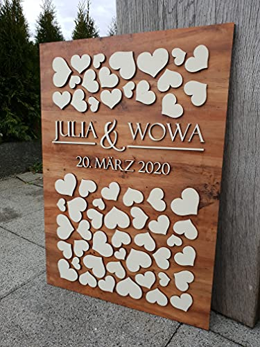 Manschin Laserdesign Personalisiertes 3D Gästebuch mit 40-160 Herzen | aus echtem Holz | Gästebuch Alternative - (Hintergrundfarbe Nussbaum Hell)