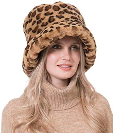 Rulala Fancy Damen Kunstfell Kuh Eimer Hüte Damen Einzigartige Camouflage Bedruckte Fisherman Cap, leopard, Einheitsgröße