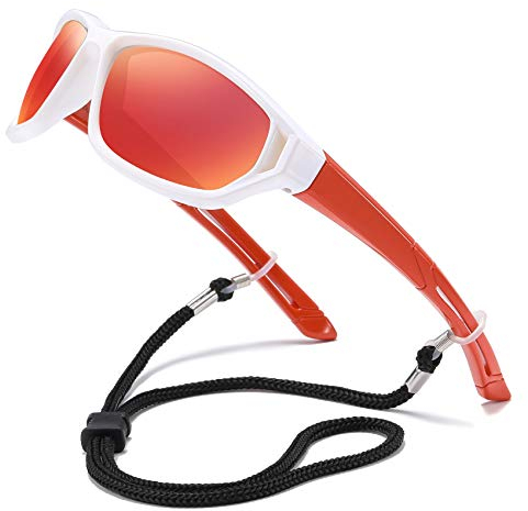 DUCO Kinder Sonnenbrille Jungen Sport Schattierungen Jugend polarisierte Sonnenbrille für Kinder Jungen und Mädchen K029 (Weißer Rahmen Rot Tempel)