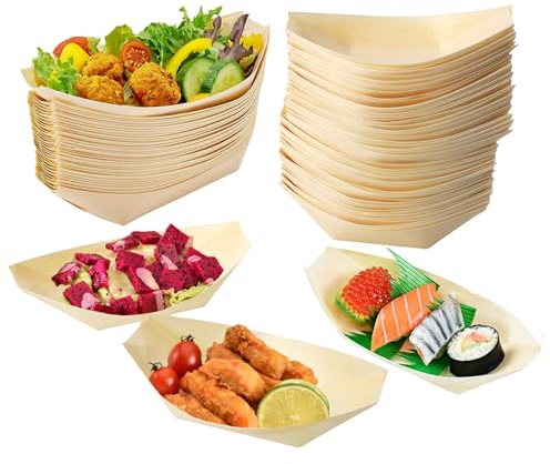 Pyatofyy 50Pcs Disposable Wood Boat, Paper Banana Leaf for Food Disposable Bowls for Hot Food, Wooden Salad Bowl Bamboo Plates Disposable Serving Platters, Hot Dog Trays Wooden Plates,11 * 6.5cm