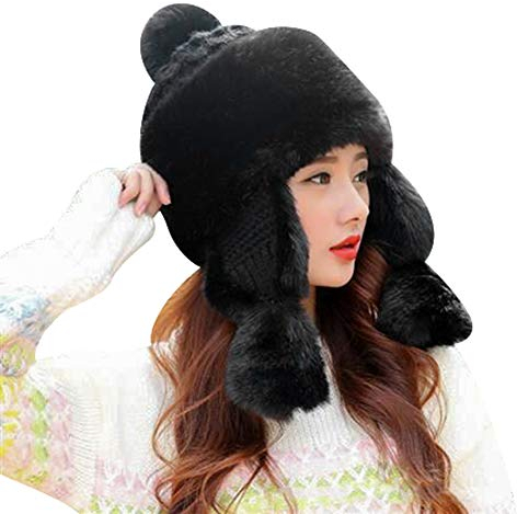 Trappermütze Mongolisch Winter Strickmütze Ohrenklappe Fellmütze Schneedicht Winddicht Wintermütze Flauschig Kuschelig Strickmütze Niedlich Verdickt Damenmütze mit Bommel Damen Mädchen Mütze Outdoor
