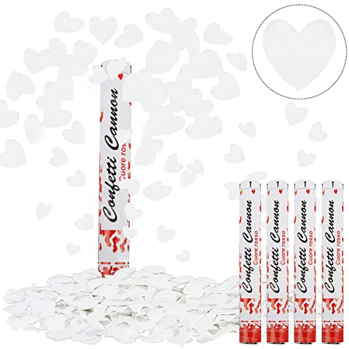 Konfettikanone Hochzeit, RosyFate 4 x Konfettikanonen Herzen Weiß, Konfetti Shooter 40cm, 6-10m Effekthöhe, Party Popper für Hochzeit & Verlobung