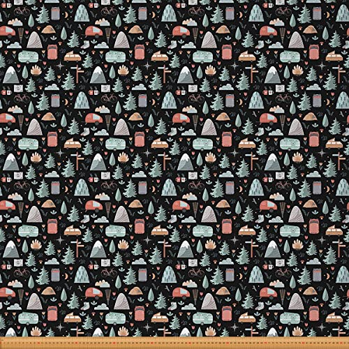 Camping Stoff Meterware Karikatur Wohnmobil Polsterstoff Süßer Baum Zelt Berg Dekostoff Blumen Wolken Mond Drinnen Draußen Stoff Camper DIY Kunst Wasserdichter Stoff Blau Orange 92 x 150 (HxB)