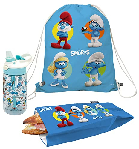 NERTHUS FIH 1071 Set Rucksack + Snacktasche + Flasche Tritan Schlümpfe