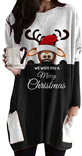 Yming Damen Weihnachtspullover Stitching Rentier Bedrucktes Bluse Langarm Pullover Elch Weiß Schwarz L