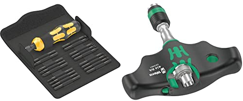 Wera 05018110001 Kraftform Kompakt 900 Set 1, 19-teilig, Schwarz-gelb & 05023461001 416 RA Quergriff-Bit-Handhalter mit Ratschenfunktion und Rapidaptor Schnellwechselfutter, 1/4“, 45 mm, Schwarz-grün