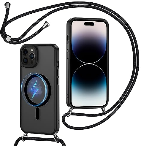 XTCASE Handykette für iPhone 14 Pro Hülle mit Band, Magnetisch Handyhülle kompatibel mit Magsafe, Matt Transluzente Kratzfeste PC Rückseite + TPU Bumper Case mit Umhängen, Schwarz