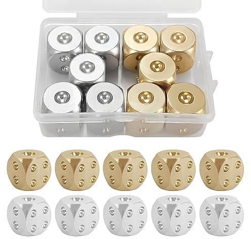 Set di 10 Dadi in Metallo - Alluminio/Rame, Sei Lati, Angolo Rotondo Standard D6, 15 mm (Oro, Argento)