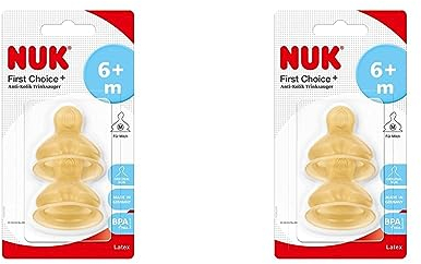 NUK First Choice+ Latex-Trinksauger, für ein natürliches Trinkgefühl, kiefergerechte Form, Größe 2, ab 6-18 Monate, M für Milch, 2 Stück (2er Pack)