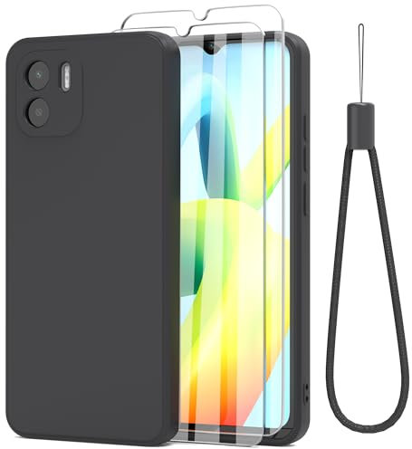 THIYUFUNS Hülle für Xiaomi Redmi A1 / A2 4G (6.52 Zoll) mit 1 Stück Schutzfolie Handyhülle,TPU Liquid Silicone Dünne Weiche Schutz Stoßfest Kratzfeste Case mit Mikrofaserfutter Schutzhülle - Schwarz
