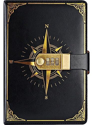 Journal Mit Lock, A5 Vintage Compass Leder Tagebuch Notebook, 3-stelliges Passwort-sperren-Tagebuch Für Männer Frauen