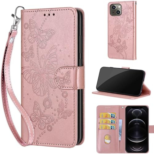 TOMYOU Wallet for iPhone 14/13 Case, Rose Gold Butterfly | Embossed PU Leather, Folio Flip Notebook Wallet, Magnet Closure, Kickstand, 3 Card Slots, Wrist Strap Lanyard