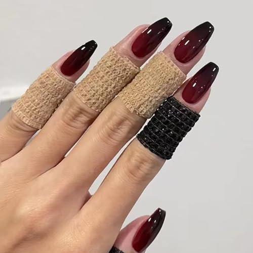 24 Pièces Faux Ongles Cercueil Moyen, Français Glossy Rouge Noir Dégradé Press on Nails, 12 Tailles Couverture Complète Ongles à Coller Acrylique Fake Nails pour Femme Filles Nail Art à La Maison