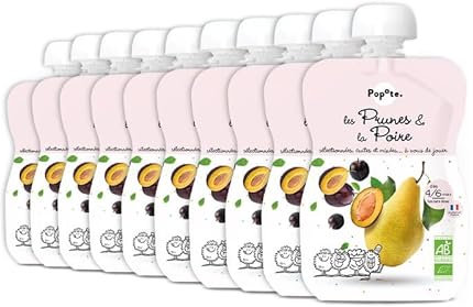 POPOTE - Purée Prunes Poire Bio - Dès 4/6 Mois - Recette Bi-Fruits Sans Sucres Ajoutés - Texture Lisse Adaptée Aux Bébés - Idéal Pour Diversification Alimentaire - Format Pratique - Pack 10 x 120 g