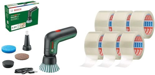 Bosch Home and Garden Akku Reinigungsbürste UniversalBrush integrierter 3 & tesapack 64014 im 6er Pack Geräuscharmes Paketklebeband zum Verpacken von Paketen und Versandschachteln transparent