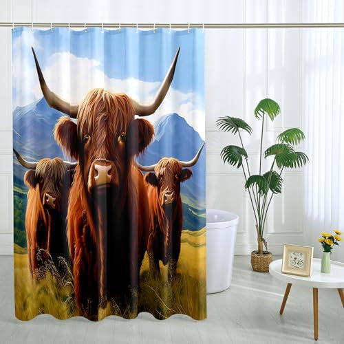 Cow Shower Curtain with 12 Hooks Aesthetic Nature Prairie Landscape Mountain Brown Polyester Room Ornaments Waterproof Decorative Bathroom Hotel Bathtub Outdoor Short Shower Curtain 62x72 Inch