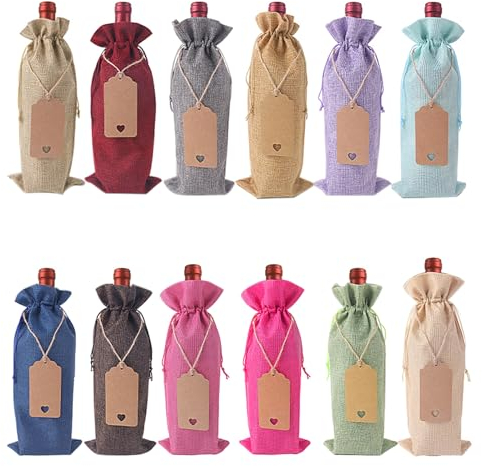 Sacs à Vin en Toile de Jute, 12 Pièces Réutilisables avec Cordon de Serrage, Couverture de Bouteille pour Fête, Mariage, Anniversaire, Noël