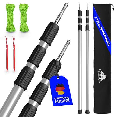 IVEUM Sonnensegel Stangen-Set, stabile Stangen für Tarps und Sonnensegel, 2er Set inkl. Schnüre und Heringe (Silber)